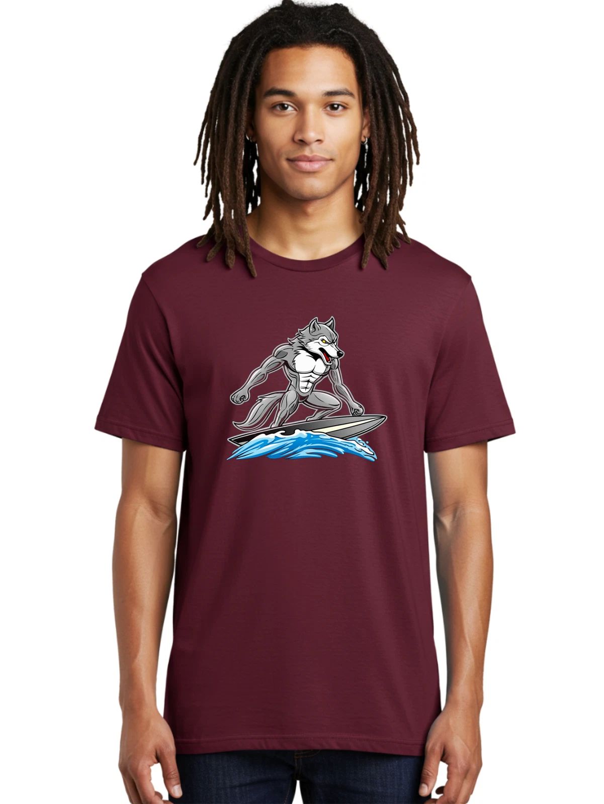 Gray-Wolf-Surfing Mens Graphic Tee, 100% Cotton, Casual Summer Wear