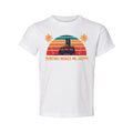Surfing Makes Me Happy Unisex T Shirt With Retro Sunset Beach Scene And Surfboar