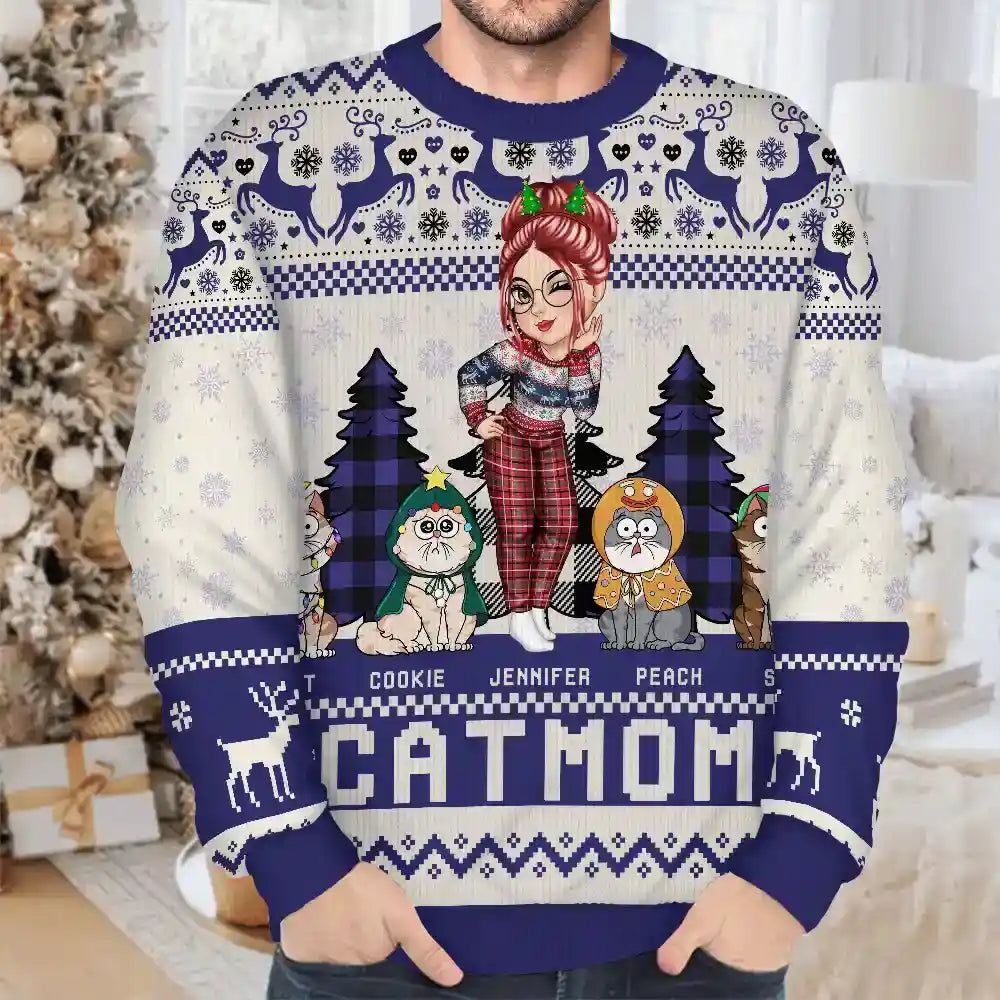 Christmas Cat Mom Funny Cartoon Cats - Personalized Unisex Ugly Sweater