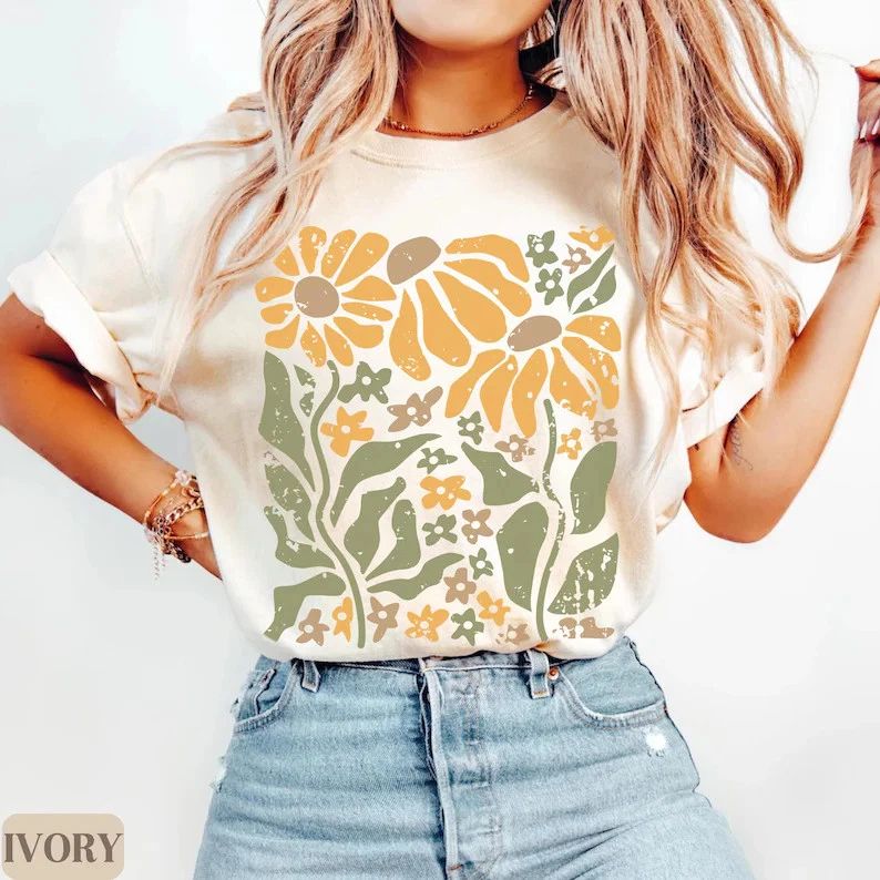 Boho Daisy Flower Comfort Tee Soft Cotton Shirt Vintage Style Gift