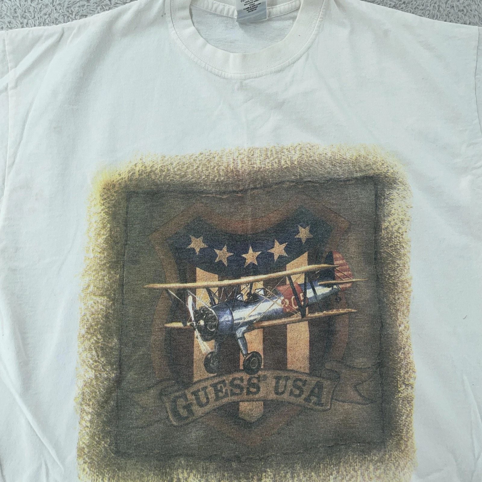 Vintage Guess U.S.A. T-Shirt Mens Large White Graphic Biplane Made in USA 90s