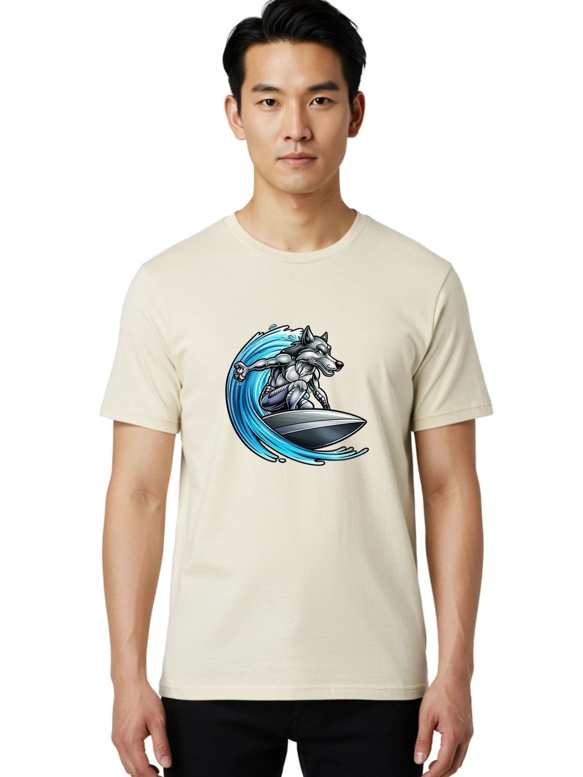 Wolf-Surfing Mens Graphic Tee, 100% Cotton, Casual Summer Wear