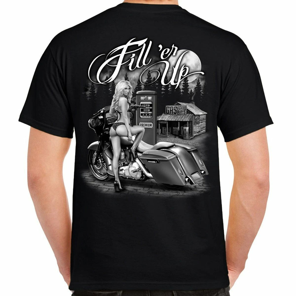 Men's Funny Offensive Motorcycle Humor Fill'er Up Sexy Stripper Biker T-Shirt