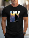 Men Stylish NYC-Inspired T-Shirt Patriotic Print Short Sleeve Breathable Black