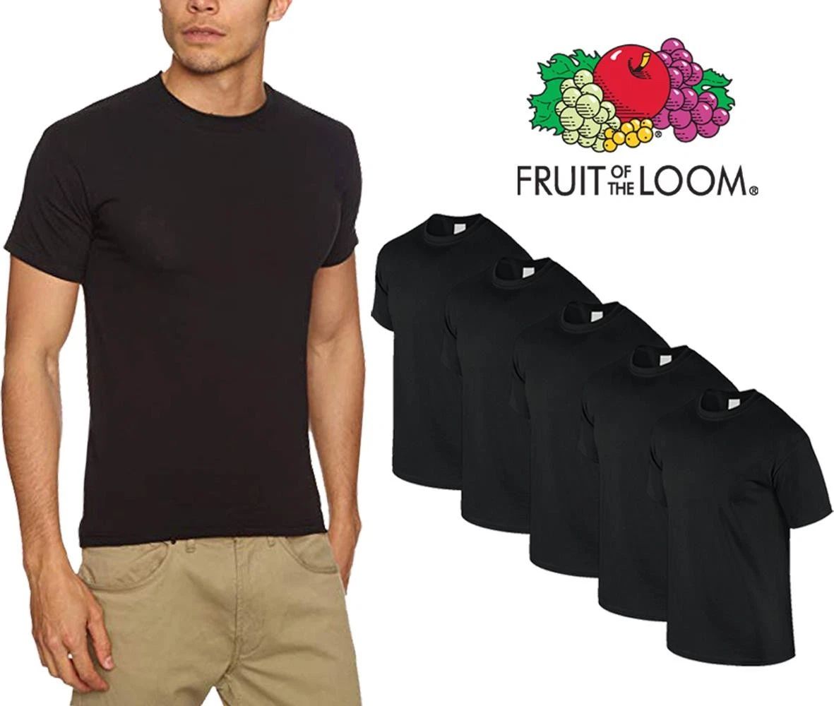 5 Pack Pain Black T Shirt Fruit of the Loom Cotton Tee Shirt S to 5XL