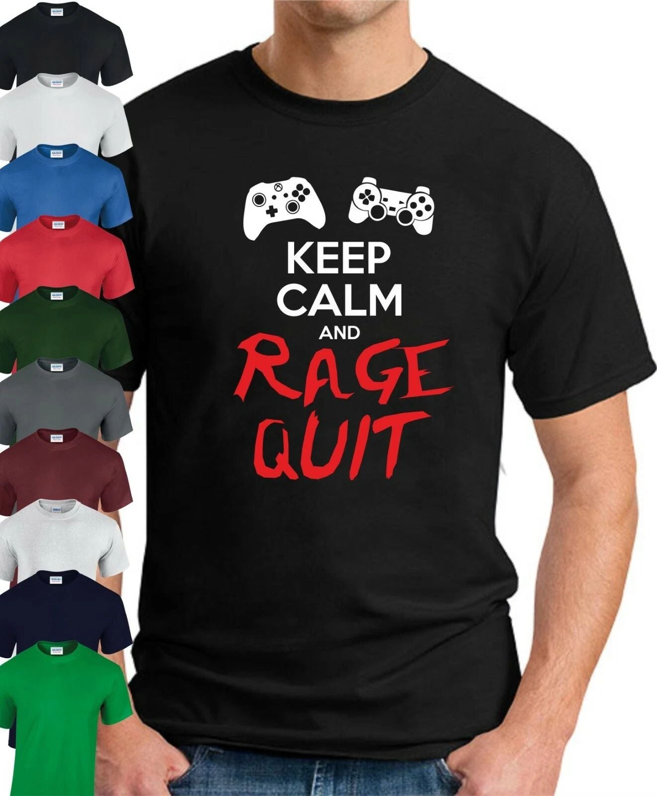 KEEP CALM AND RAGE QUIT T-SHIRT > Gamer Gaming Slogan Novelty Geek Nerd Men's
