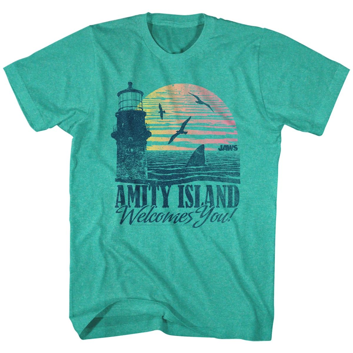 Jaws Vintage Amity Island Welcome Postcard Men's T Shirt Sunset Green Heather