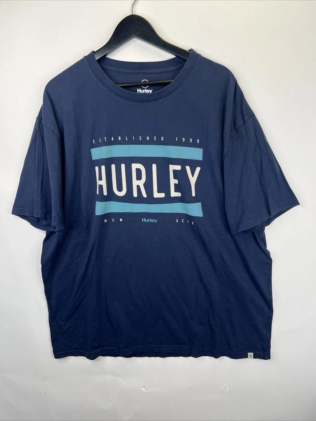 Hurley Shirt Adult XXL S/S Blue Spellout Graphic Surf Beach T-shirt Men A47