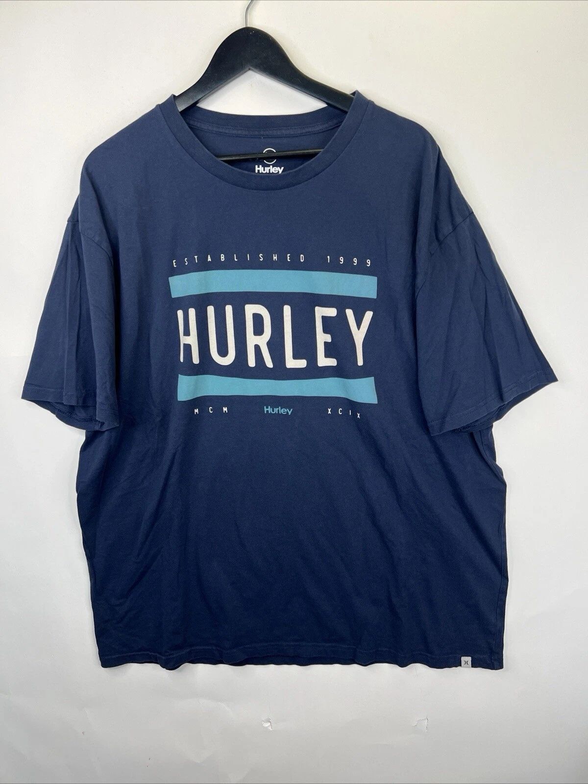 Hurley Shirt Adult XXL S/S Blue Spellout Graphic Surf Beach T-shirt Men A47