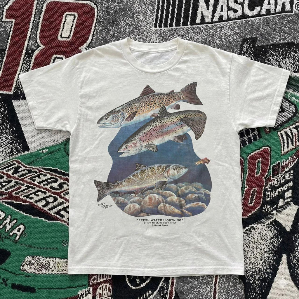 Vintage Style 90s Trout Fresh Water Lightning Angler Fly Fishing T Shirt
