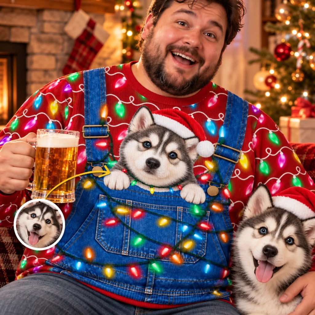 Custom Pet Photo Santa Hat Husky Christmas Gifts For Dog Cat Lovers, Pet Lovers - Personalized Ugly Sweatshirt