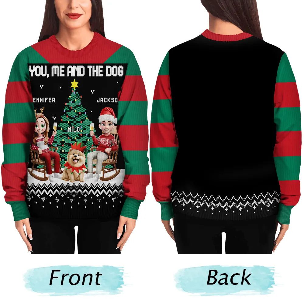Christmas Tree You Me And The Dog Cat - Personalized Unisex Ugly Sweater
