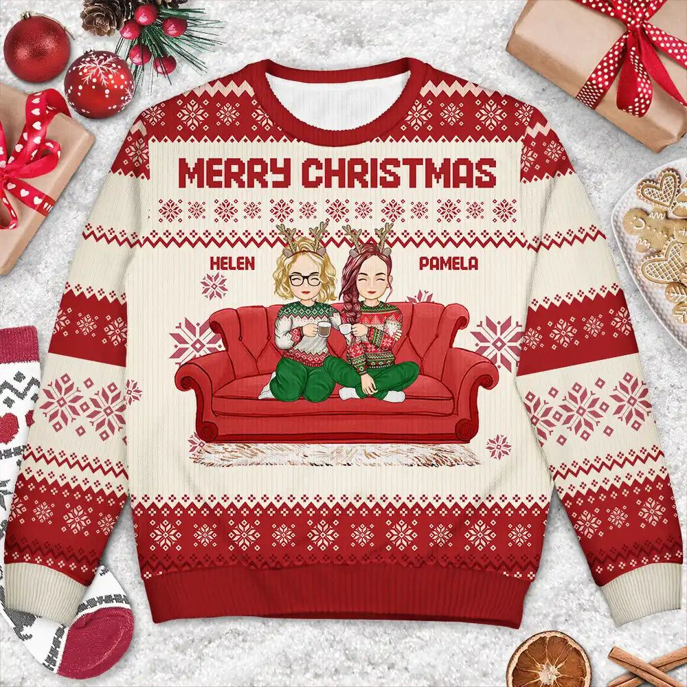 Cartoon Same Gender Couple With Kids And Pets - Personalized Unisex Ugly Sweater