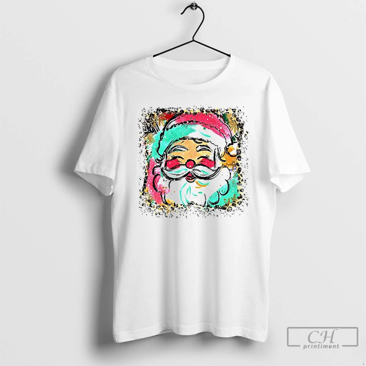 Premium Preppy Brushstroke Santa Claus Colorful Leopard Glitter Christmas T Shirts