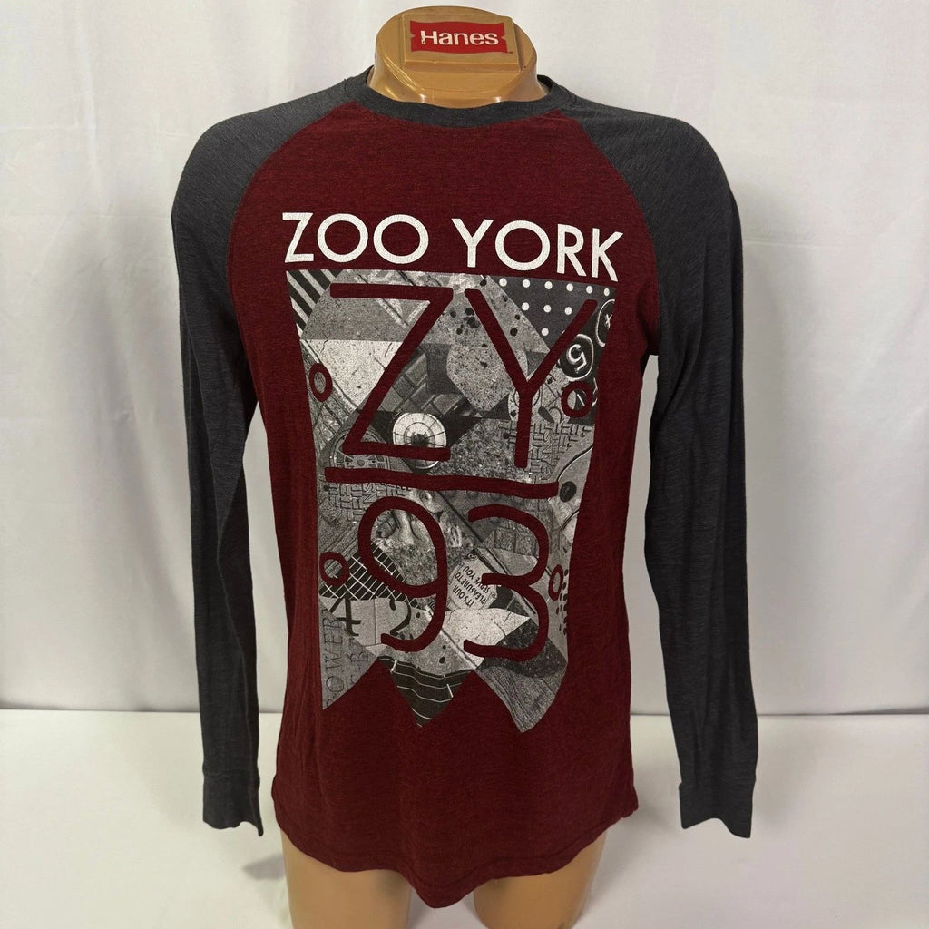 Zoo York Mens Graphic Long Sleeve T Shirt Maroon Gray Raglan Tee