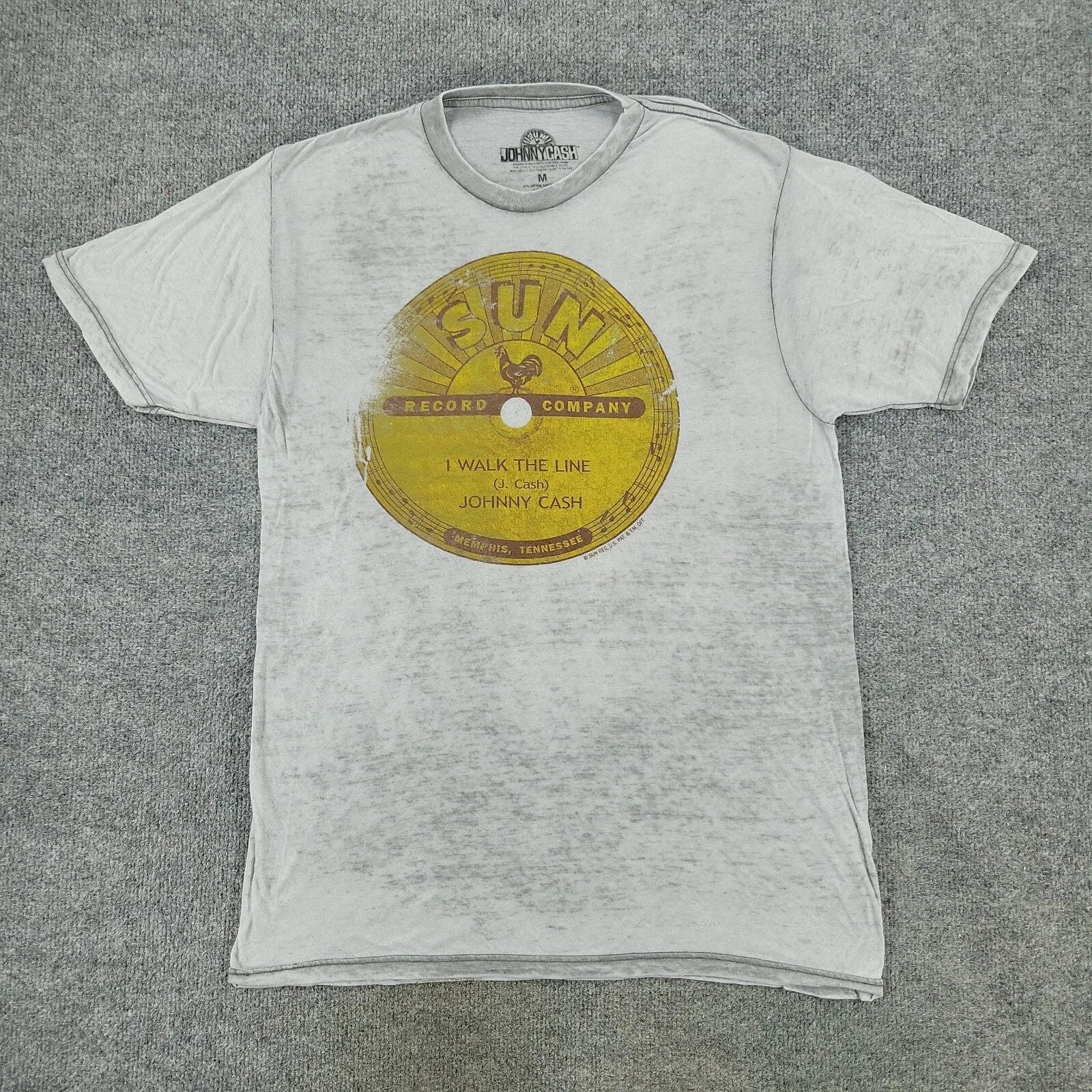 Johnny Cash Shirt Men's Medium Gray I Walk The LIne Burnout Sheer Short Sleeve