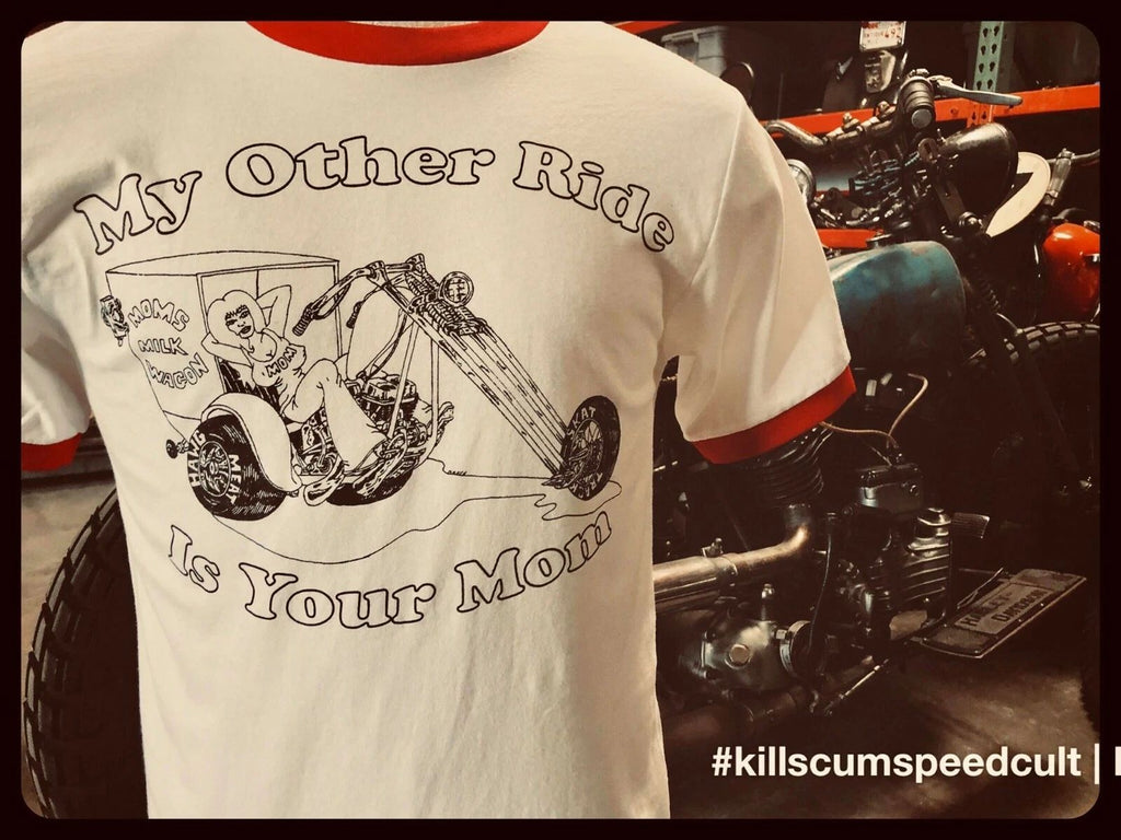 My Other Ride Is Your Mom black & red 50 50 poly cotton blend biker 70's tee vtg