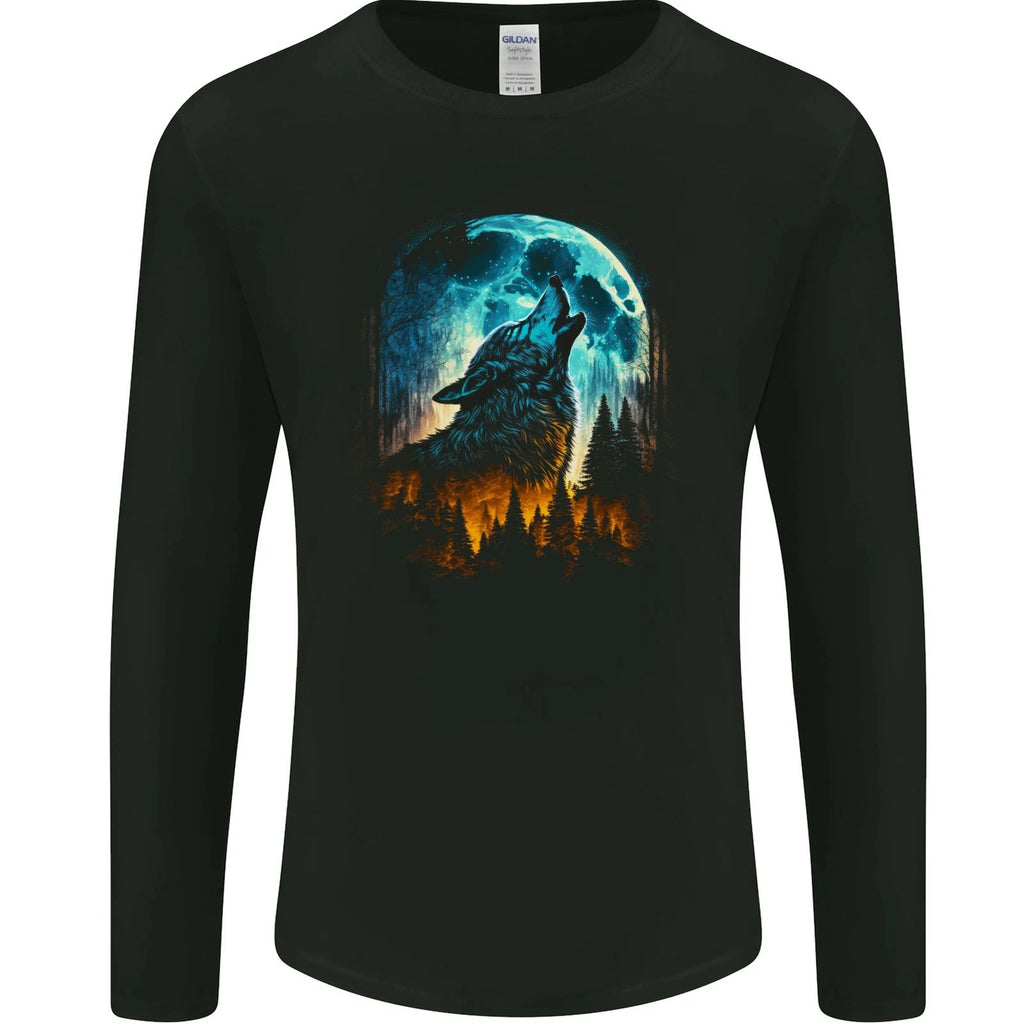 Moon and Wolf Fantasy Mens Long Sleeve T-Shirt