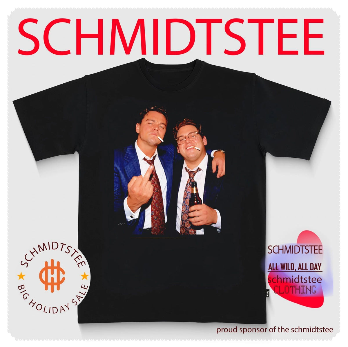 Leonardo DiCaprio and Jonah Hill in The Wolf of Wall Street middle finger smoking and beer shirt