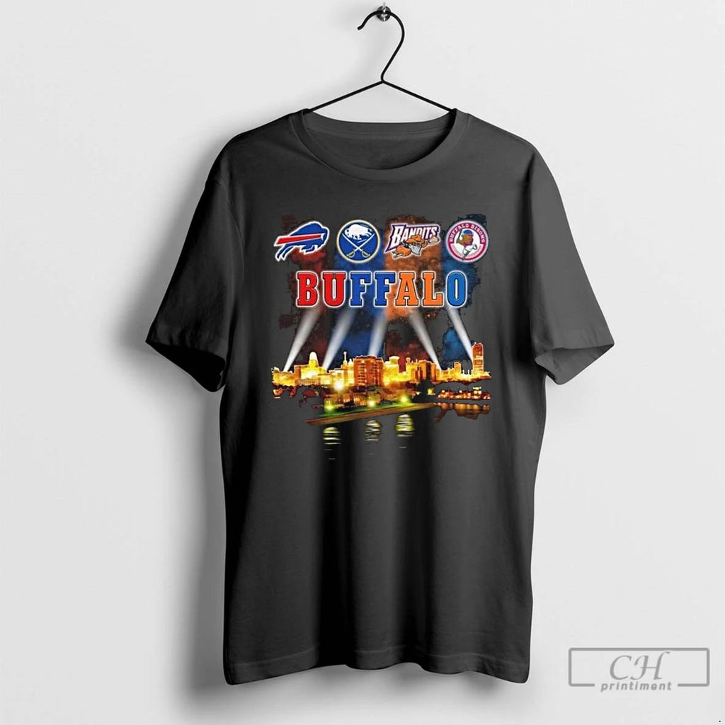 Premium Buffalo City Sports Bills Sabres Bandits And Bisons Skyline Light 2025 Long Sleve