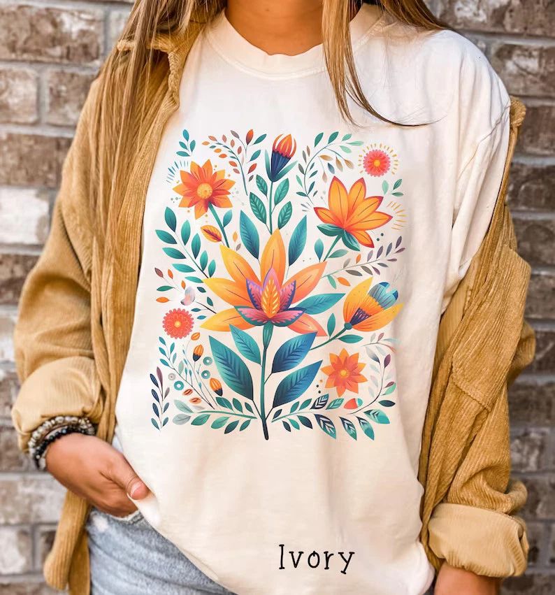 Boho Folk Floral Comfort Tee Shirt Vintage Style Soft