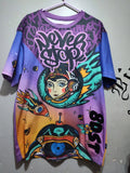 NEVER STOP Purple Cosmic Alien Space Graphic Tee Men's 2XL Embroidered