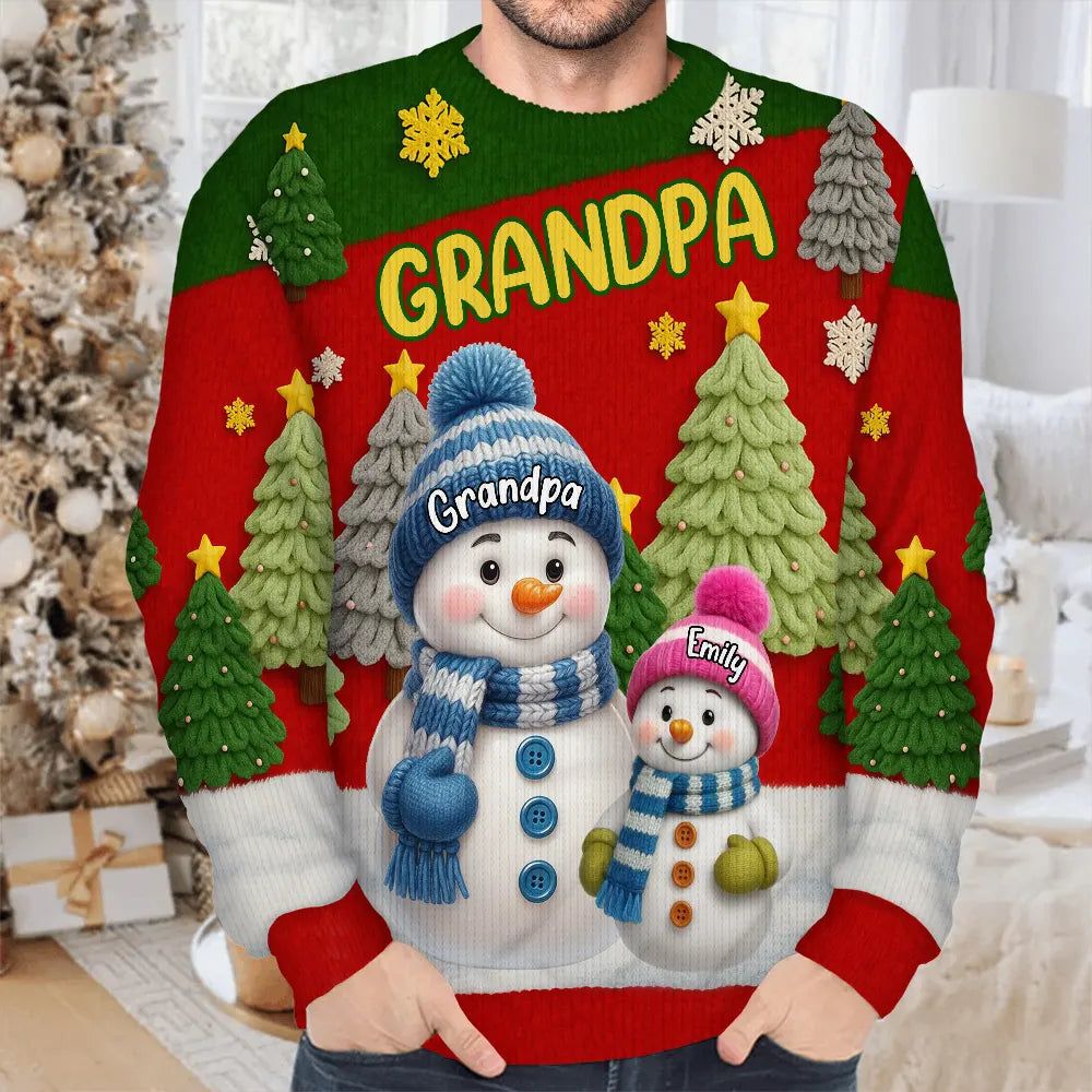 3D Effect Snowman Grandma Nana & Grandkids - Personalized Unisex Ugly Sweater