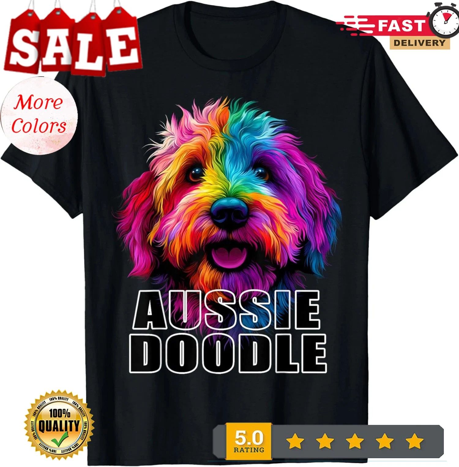 2025/Aussiedoodle Aussie Doodle Puppy Dog Lover Colorful Black T-Shirt