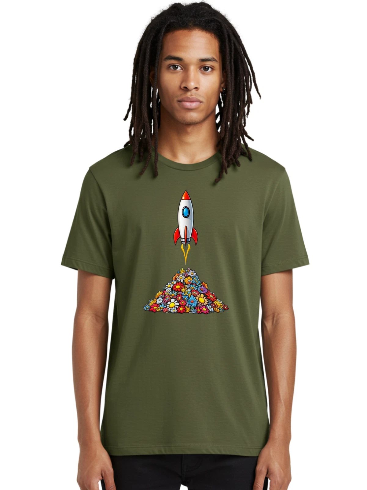 Rocket-Launching-From-Flowers Mens Graphic Tee, 100% Cotton, Casual Summer Wear