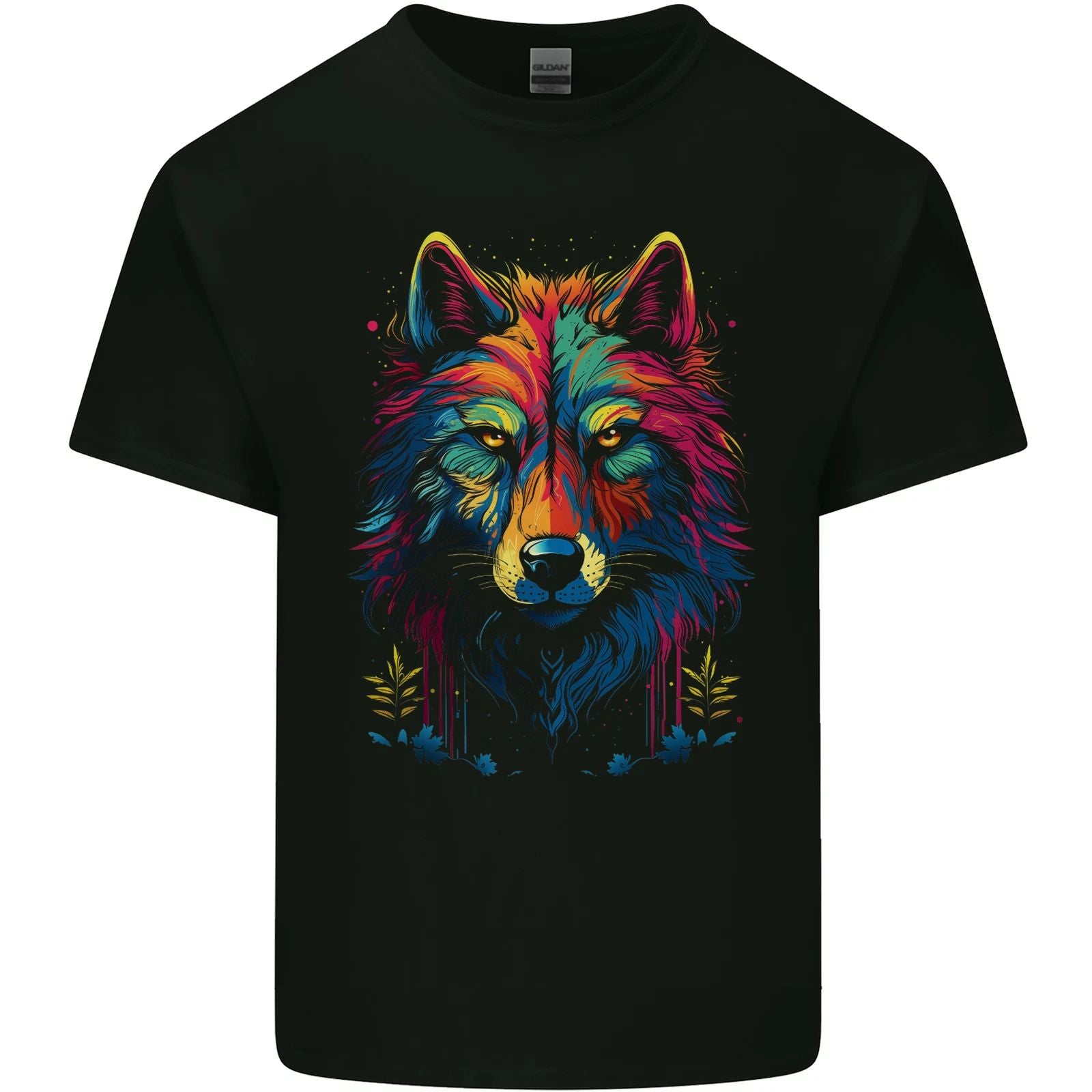 Colourful Fantasy Wolf Face Mens Cotton T-Shirt Tee Top