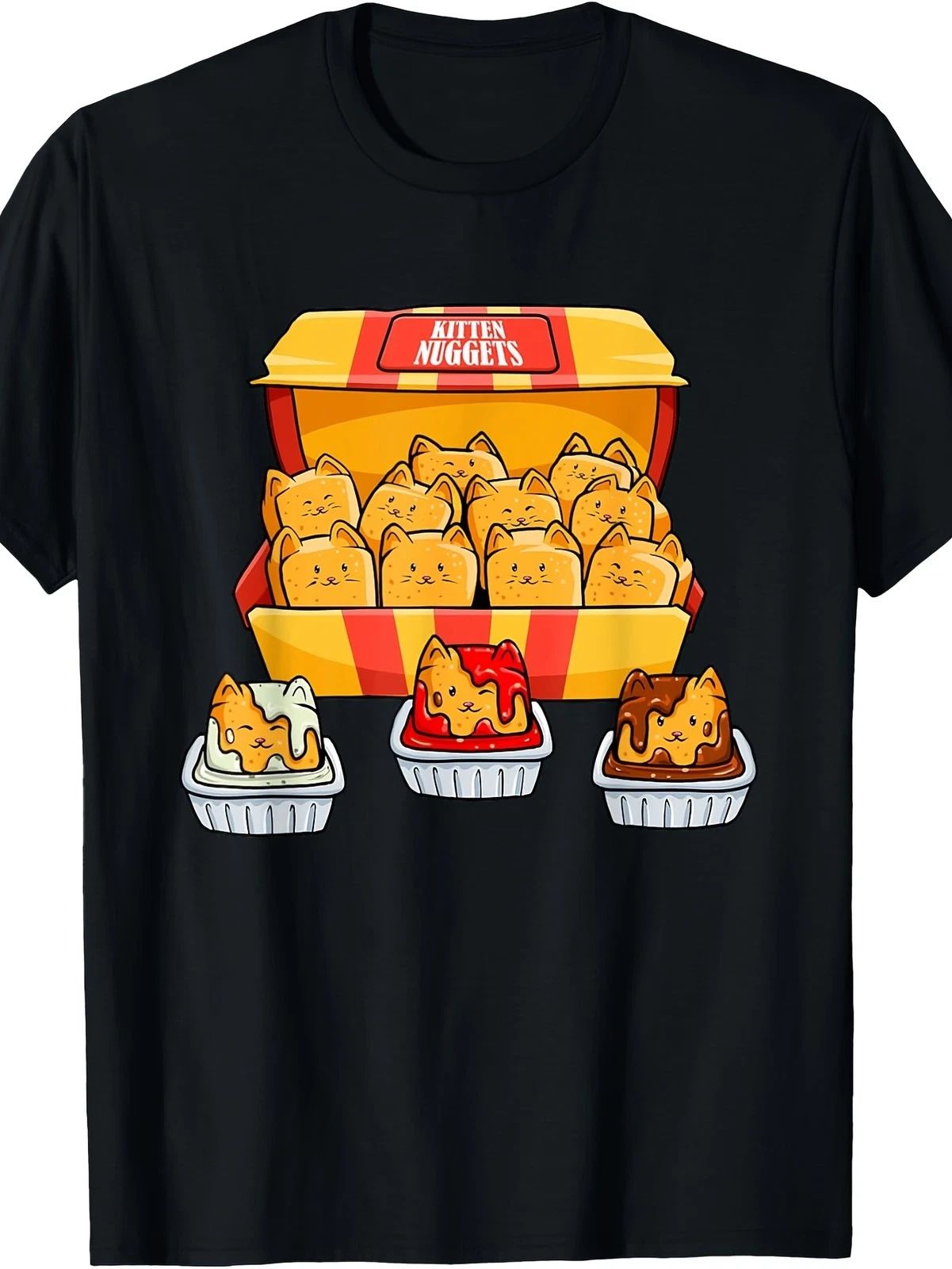 Black Cat Lover's T-Shirt with Purr Nuggets Food Pun Design - Cute Cartoon Kit