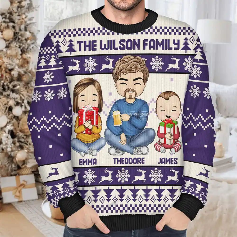 Christmas Chibi Family Holding Gift - Personalized Unisex Ugly Sweater