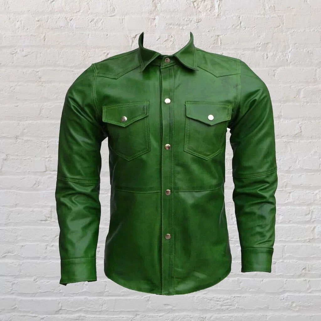 Men's Authentic Green Lambskin Leather Premium Shirt Jacket Stylish Soft Shirt