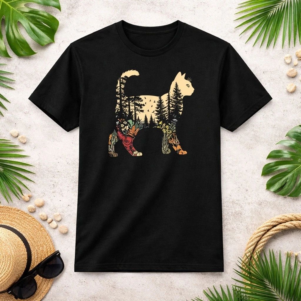 Boho Cat Plants Forest Nature Wildflower Hiking Camping T-Shirt