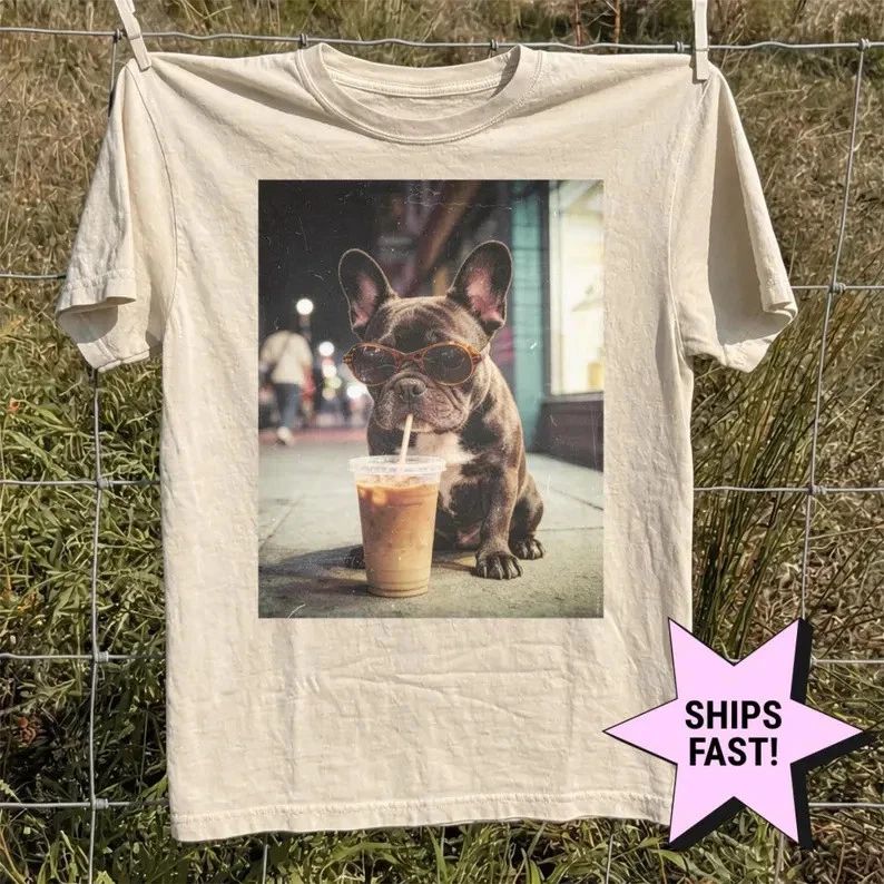 French Bulldog Shirt, Funny Frenchie Drinking Coffee, Vintage Dog Mom Tee, Pet L