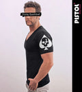 Pistol Boutique Men's Fitted Black Deep V neck Sleeve SKULL ACE SPADES T-shirt
