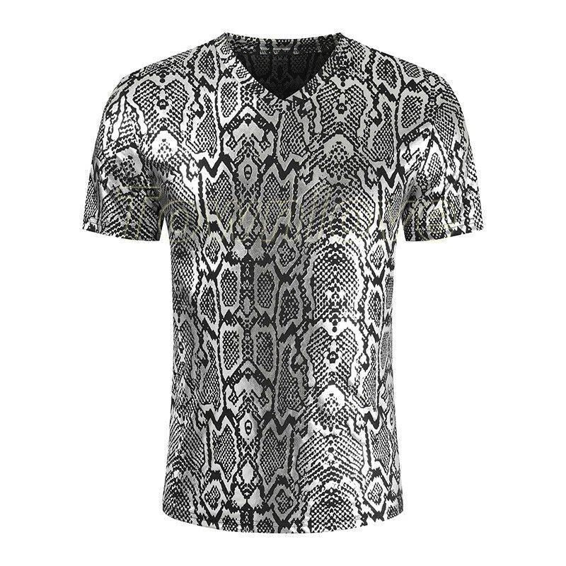 Summer Men Snakeskin Print V Neck Short Sleeve T-Shirt Shiny Color Casual Tops