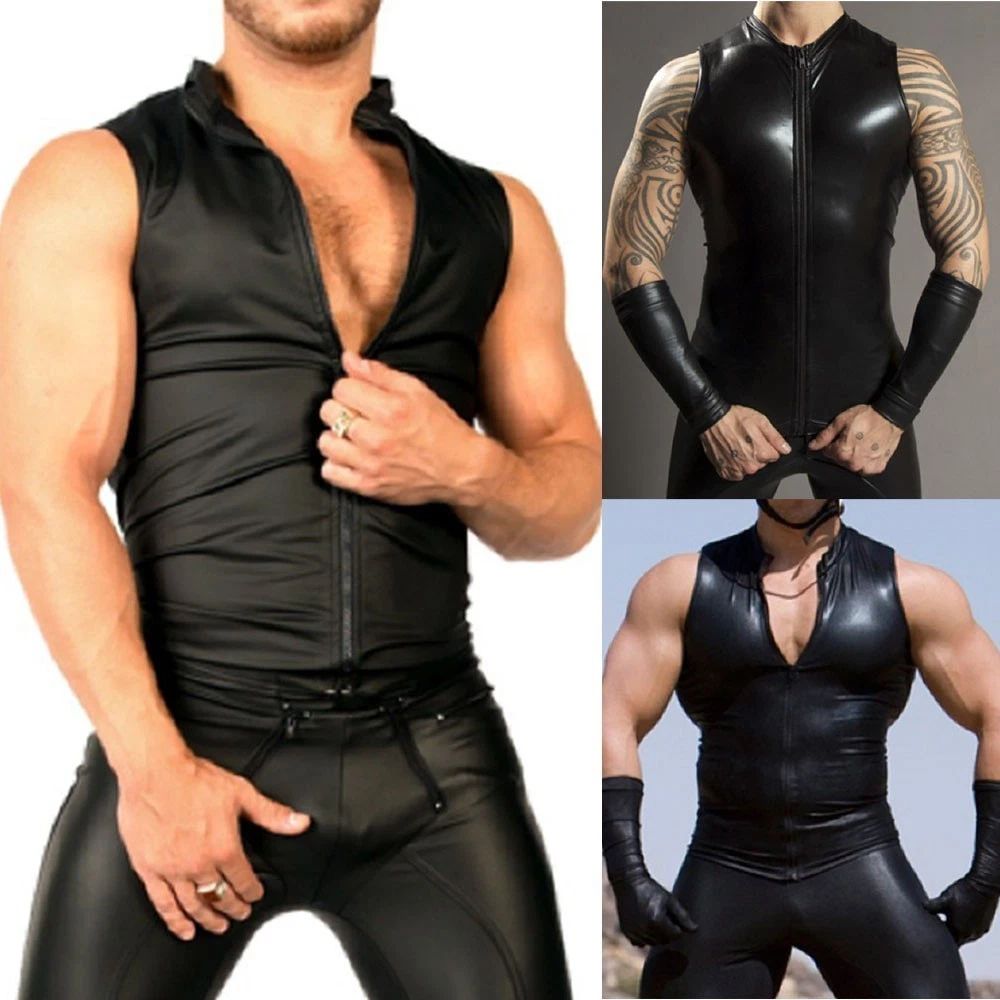 Men's Fashionable Black Shiny PU Leather Sleeveless Zip T shirt for Nightlife