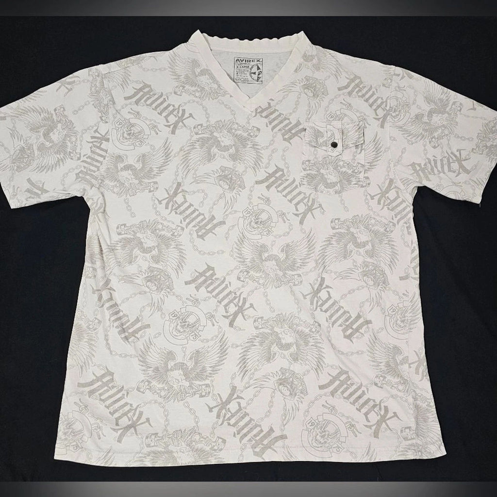 Avirex X-Large Graphic V-Neck Tee – All Over Chain & Eagle Print – White/Grey