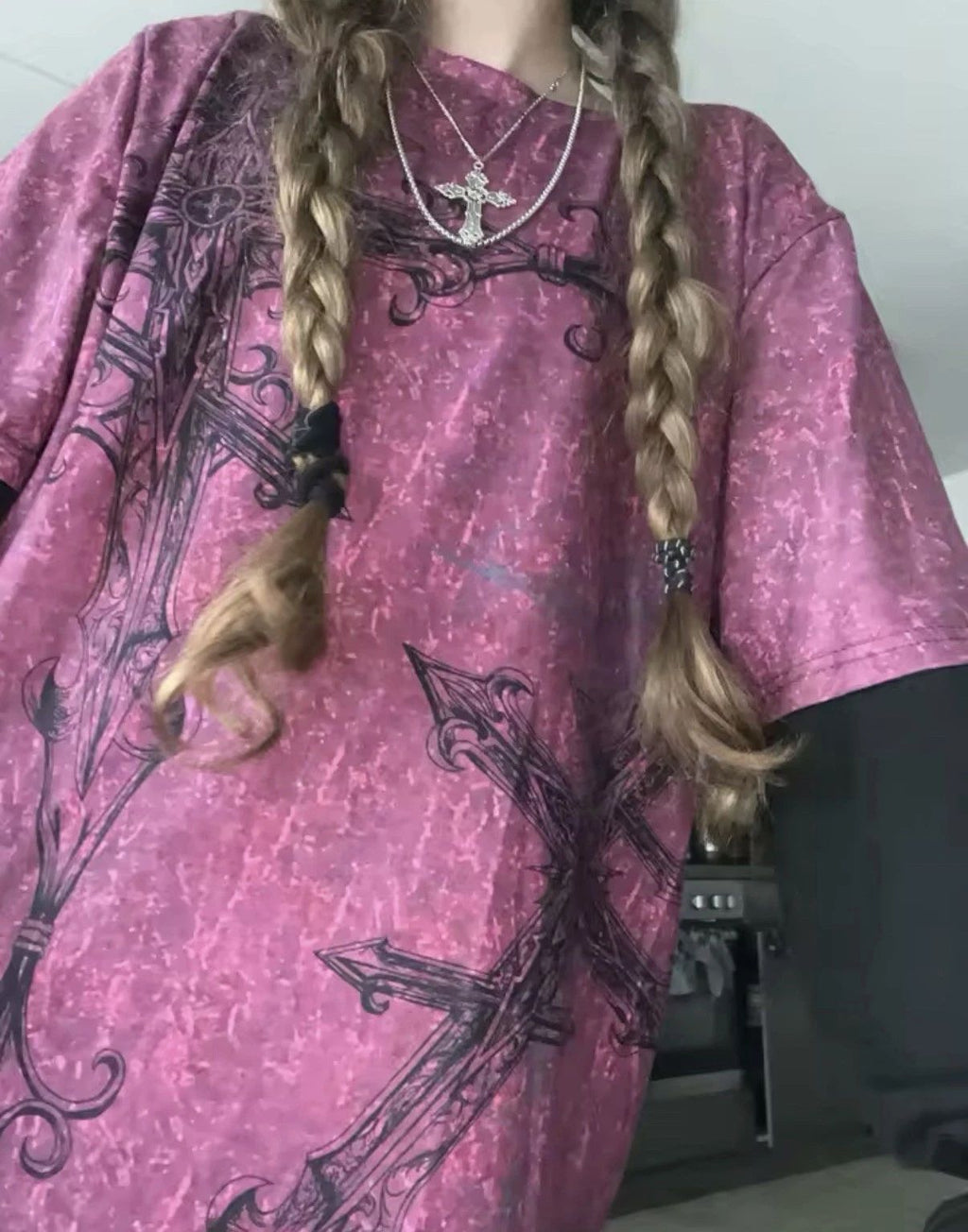 Y2k pink cross graphic t shirt gothgrunge oversized alt aesthetic t