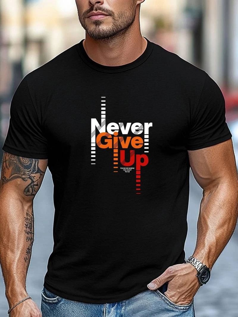 Men's Never Give Up Motivational Slogan Casual Crew Neck Short Sleeve T-Shirt US