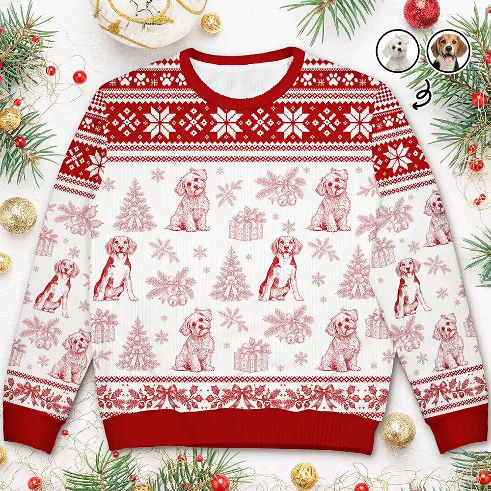 Christmas Gift For Pet Lover - Personalized Custom Photo Pencil Sketch Toile De Jouy Pet Pattern Unisex Ugly Sweater