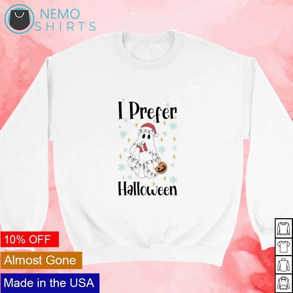 I Prefer Halloween Ghost with Christmas Lights and Santa Hat shirt