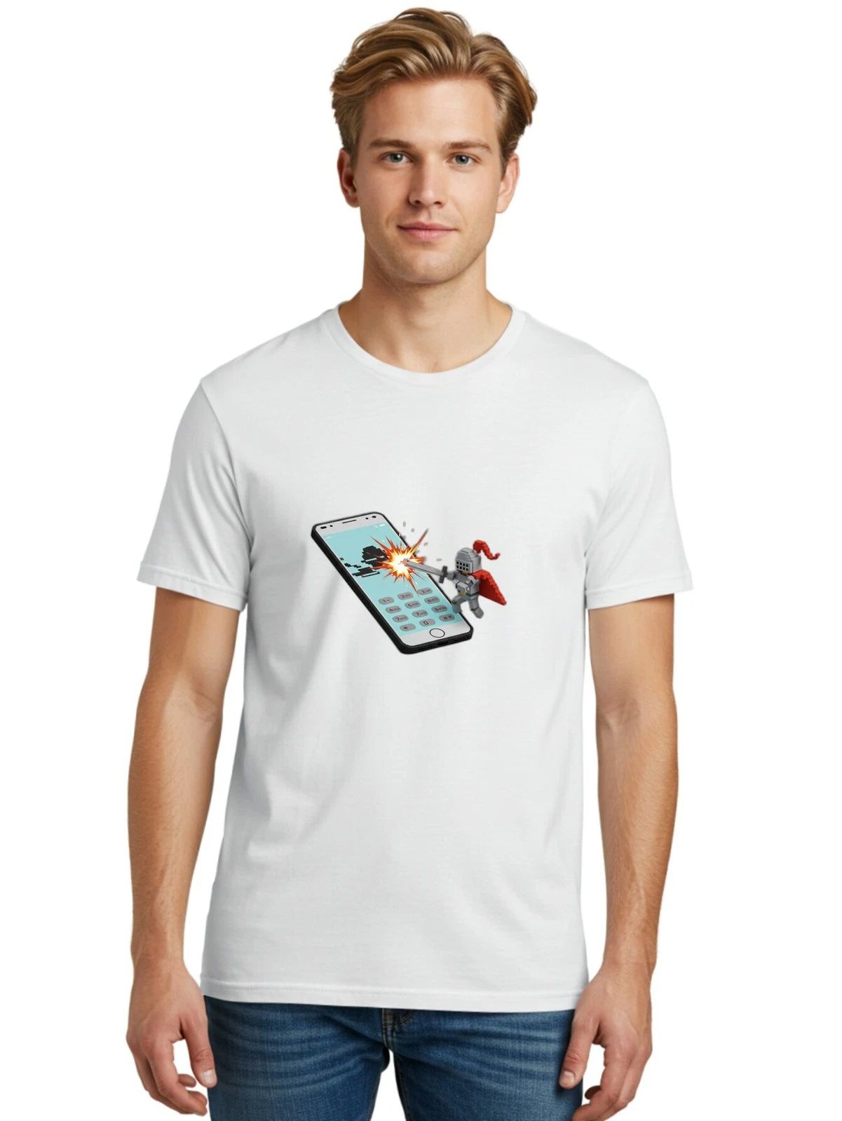 Knight-Attacking-Phone Mens Graphic Tee, 100% Cotton, Casual Summer Wear