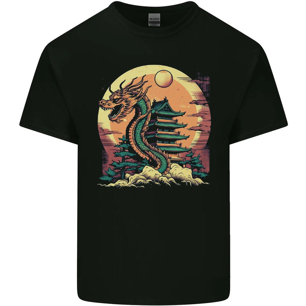 Fantasy Dragon Pagoda Mens Cotton T-Shirt Tee Top