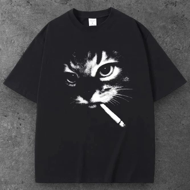 Unisex Smoking Cat Oversized T Shirt Black Y2K Grunge Streetwear S-2XL