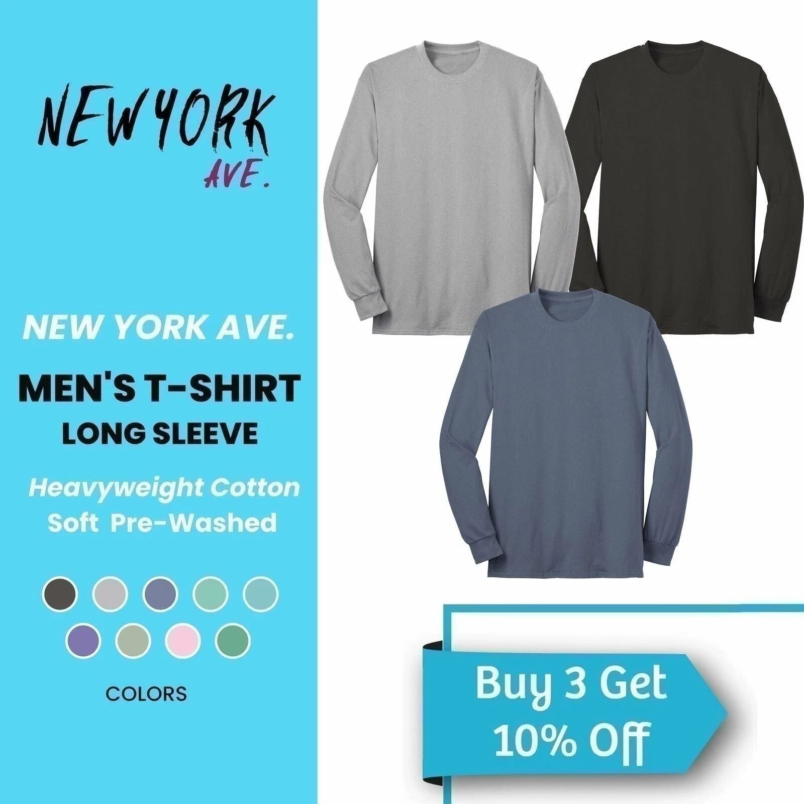 Men's T-Shirt Long Sleeve Cotton Crew Neck Soft Pre-Washed Heavyweight