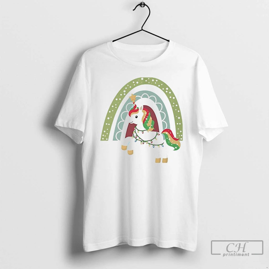 Classic Rainbow Lights Unicorn Christmas White T Shirts