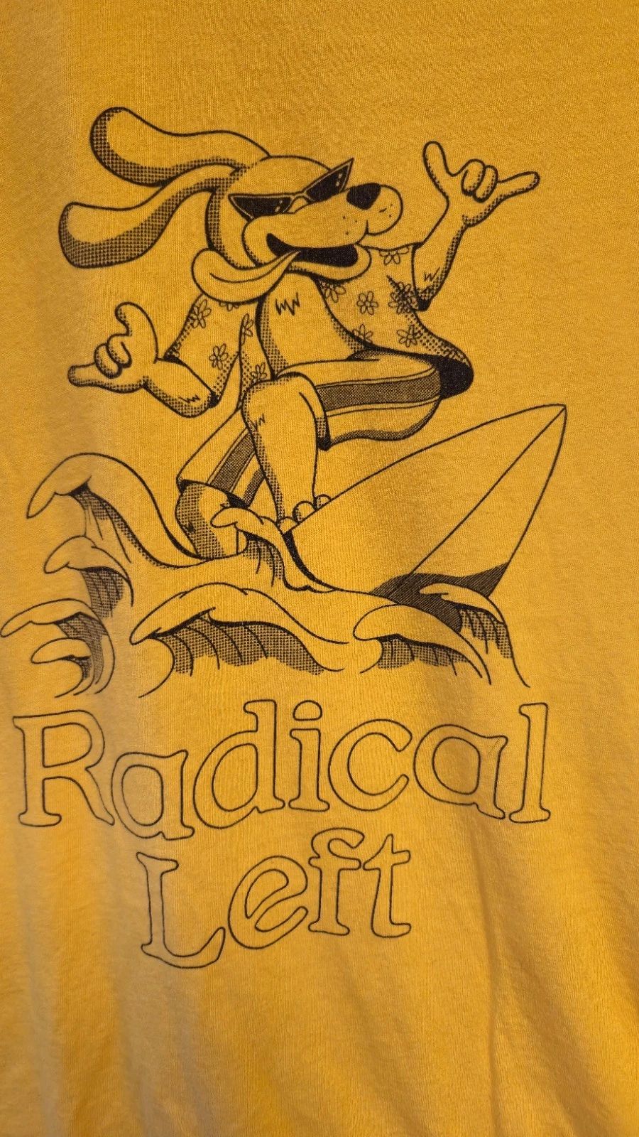 Yellow "Radical Left" Surfing Waves Graphic T-shirt Unisex Size XL