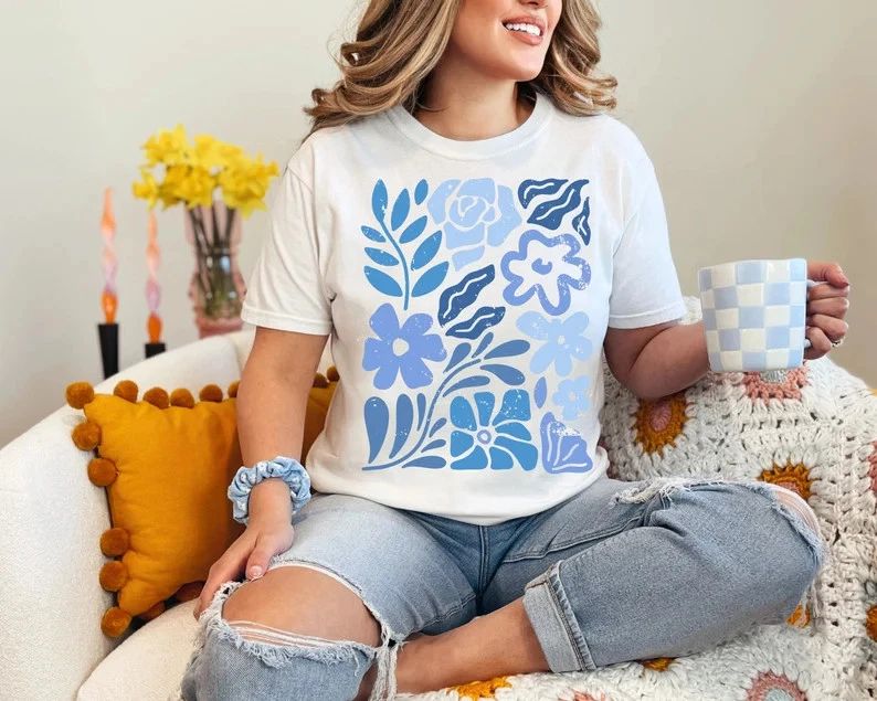 Blue Boho Floral Flowers Comfort Tee Shirt Relaxed Fit Soft